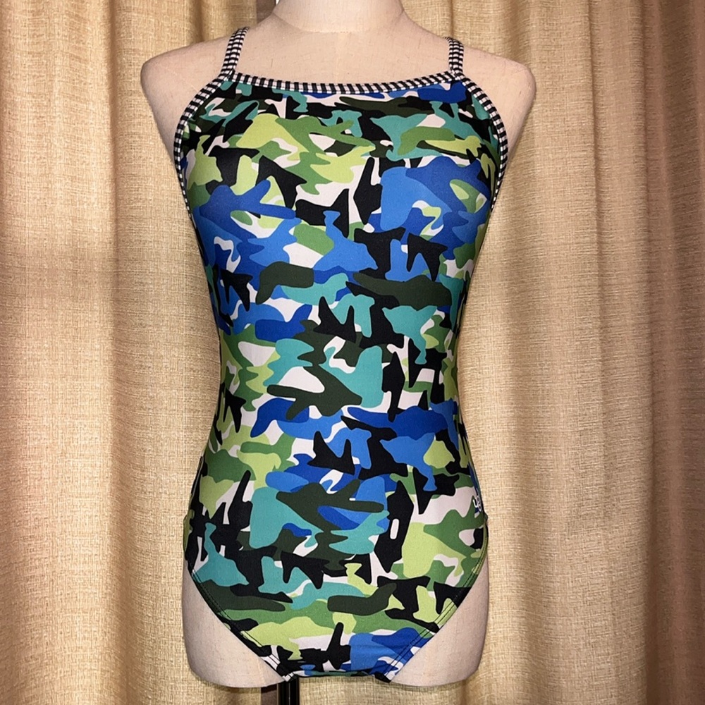 Dolfin Uglies Women’s Blue Green Black Camo Size 36 Competition Swimsuit